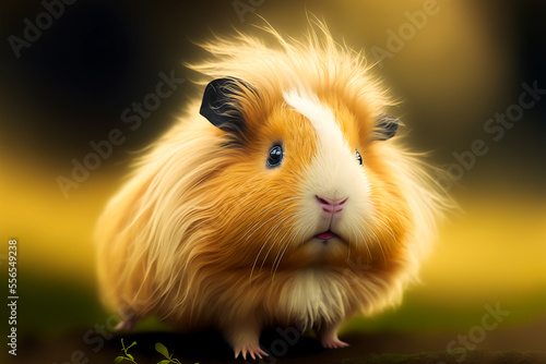 Portrait of cute red guinea pig on a mewdow at sunny day. Guinea pig looking at camera. Generative AI small guinea pig. Funny animals postcards.
