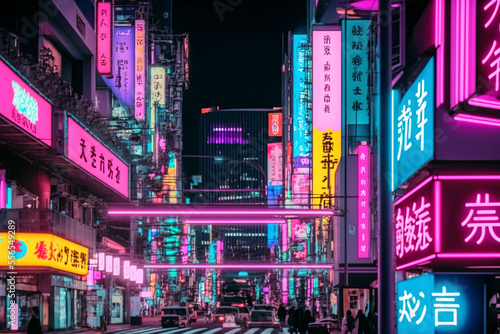 A colorful Tokyo style neon light mega city at night with neon signs, crowded, abstract anime style, generative ai