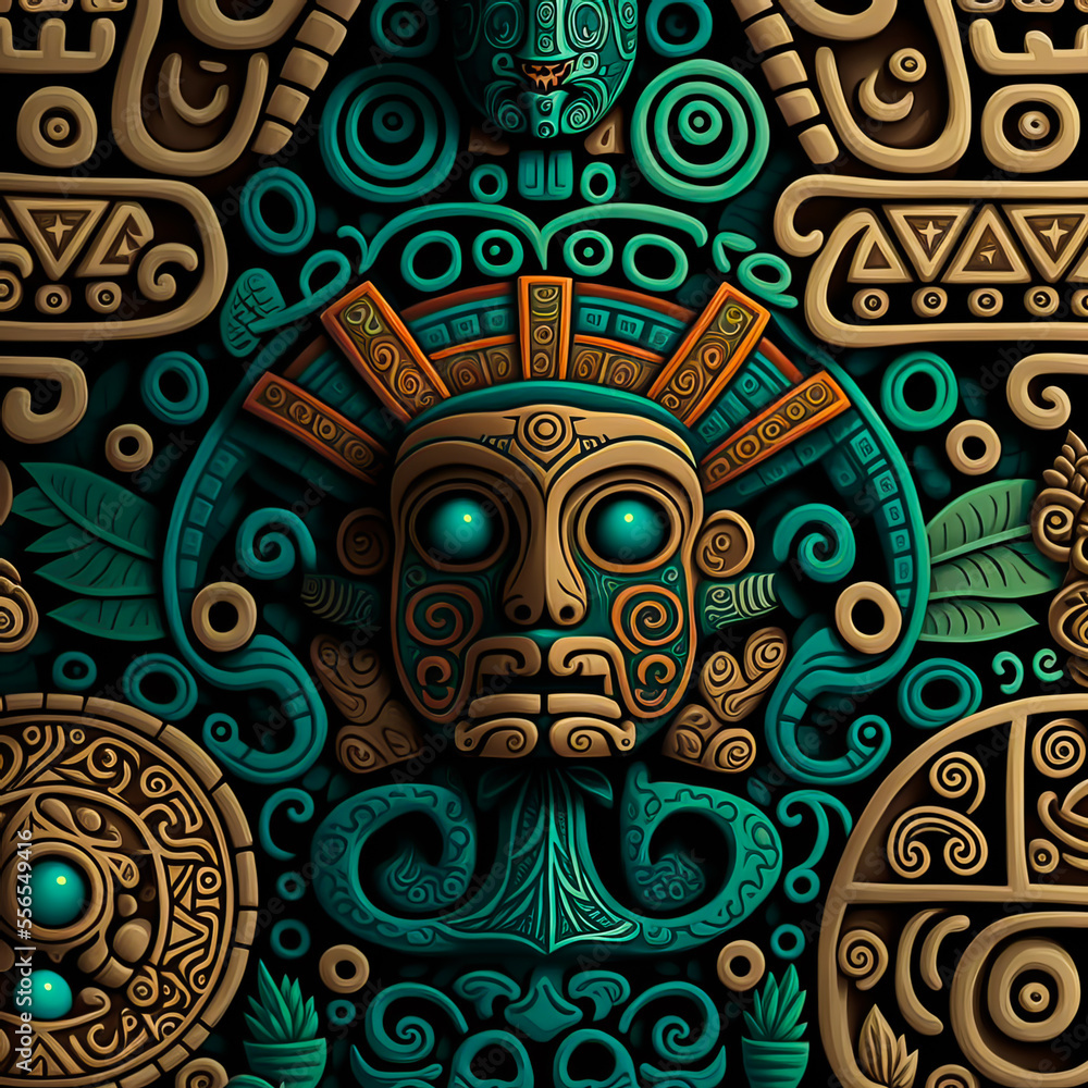 Stone maya texture. Ancien mayan background with face in the middle. Ceramic tiles in the form of traditional Maya design. Generative AI maya ancient background. - obrazy, fototapety, plakaty 