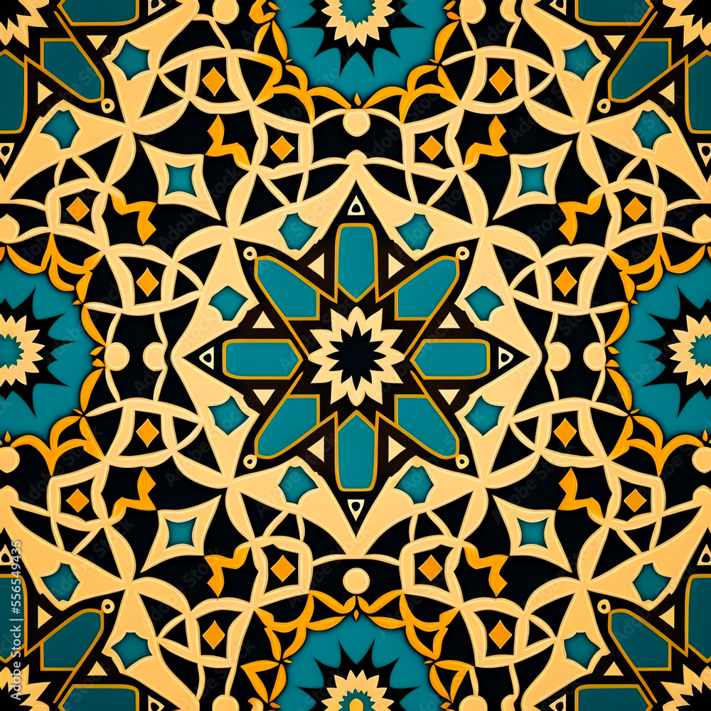 Arabic mosaic texture. Middle east tile pattern. Arabic culture ornament background. Moroccan tile background. Generative AI middle east geometric tile background.