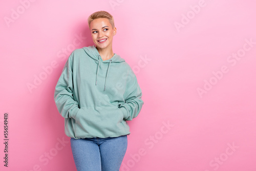 Slika na platnu Photo of stylish youngster influencer girl wear trendy khaki hoodie new outfit l
