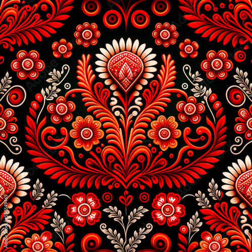 East europe traditional pattern background. Slavic red and black background. Ukrainian floral national pattern. Generative AI slavic abstract seamless bacgkround. photo