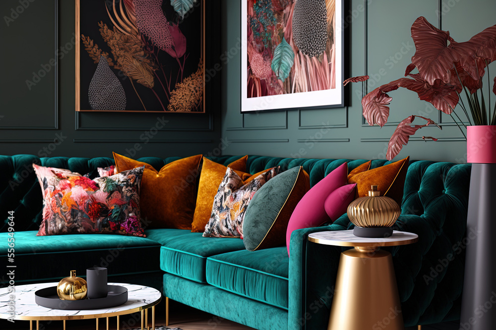 Interior of eclectic living room with cozy velvet corner sofa and