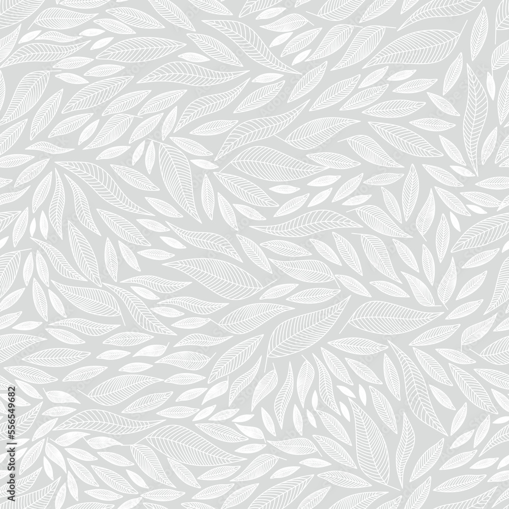 Vector illustration. Seamless pattern of white leaves on a gray background. Print for textiles, for packaging, product design. Vector illustration. Seamless pattern of white leaves on a gray background. Print for textiles, for packaging, product design.
