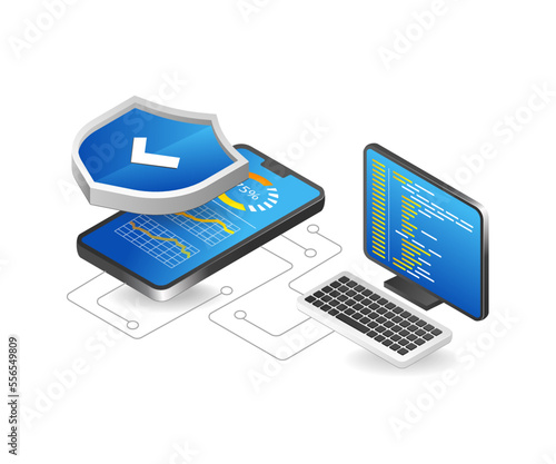 Flat isometric 3d illustration smartphone security application program analysis concept