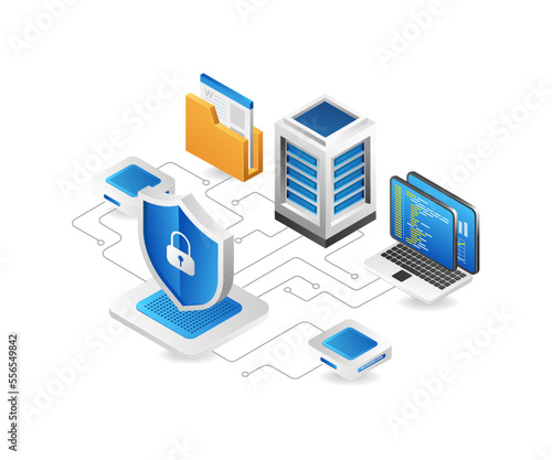 Flat isometric 3d illustration server computer cloud security network concept