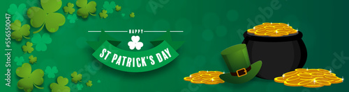 St. Patrick's Day invitation to a holiday, corporate holiday a leprechaun hat,shamrock, pot of gold coins,rainbow, background color. Vector illustration.
