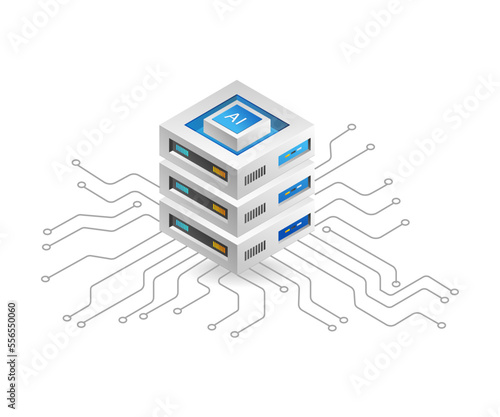 Flat isometric 3d illustration octopus network artificial intelligence cloud server data concept