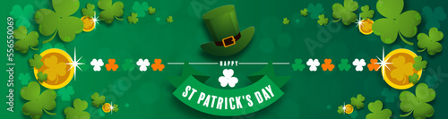 St. Patrick's Day invitation to a holiday, corporate holiday a leprechaun hat,shamrock, pot of gold coins,rainbow, background color. Vector illustration.