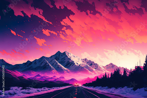Lovely wide image of a road near snow covered mountains under a pink and purple sky. Generative AI
