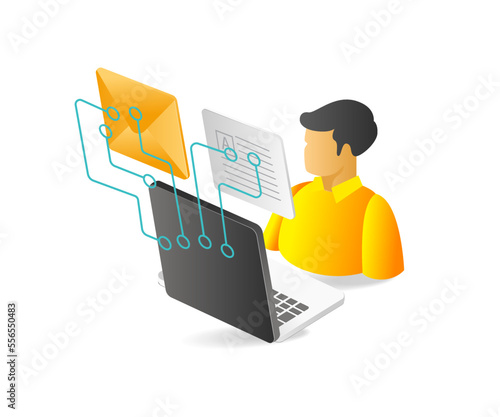 Flat isometric 3d illustration concept of processing data network with computer