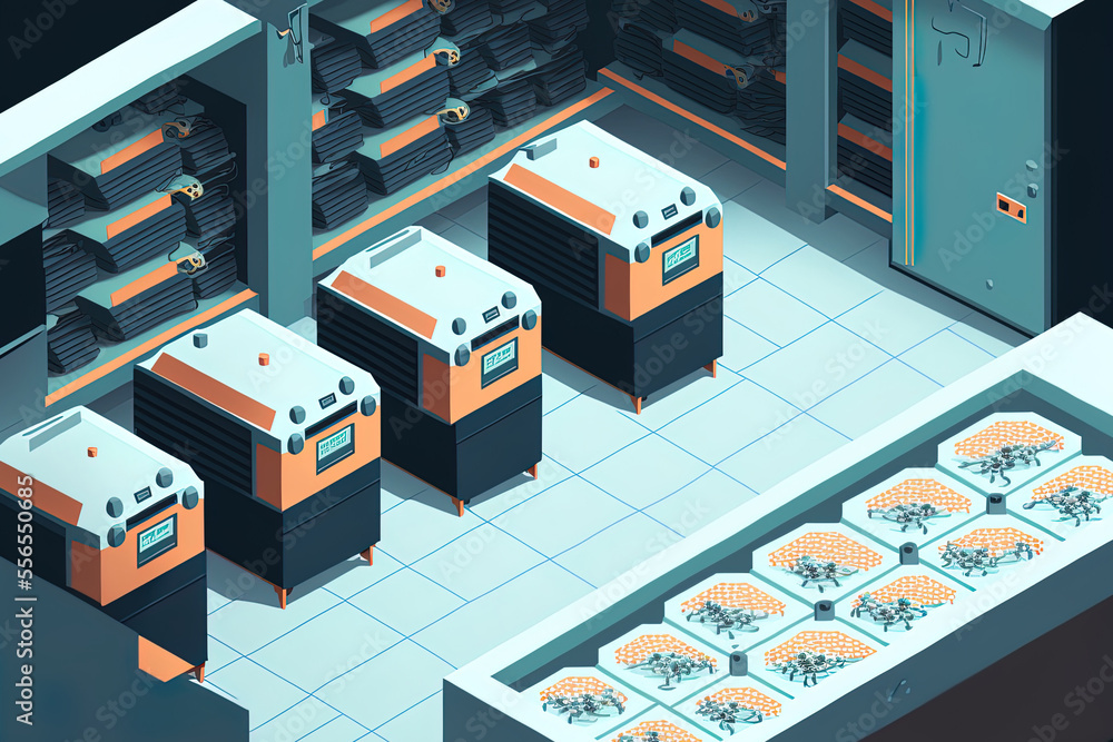 Interior of an automated insect farm without any employees. a manufacturing line and equipment for insect farming. Generative AI Interior of an automated insect farm without any employees. a manufacturing line and equipment for insect farming. Generative AI