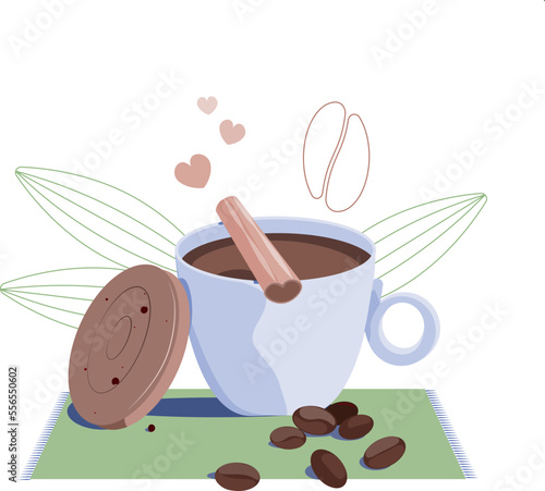 A cup of coffee and sweets with cinnamon stick and coffee beans around