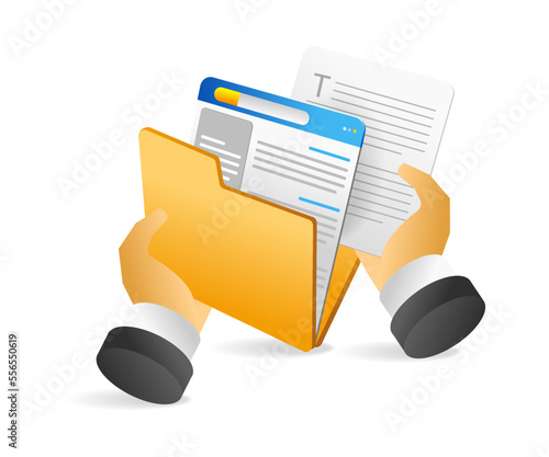 Flat isometric 3d illustration concept of hand taking data from folder