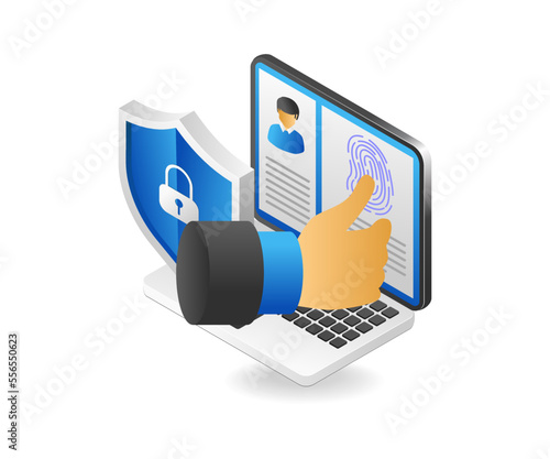 Flat isometric 3d illustration concept of entering fingerprint security on computer