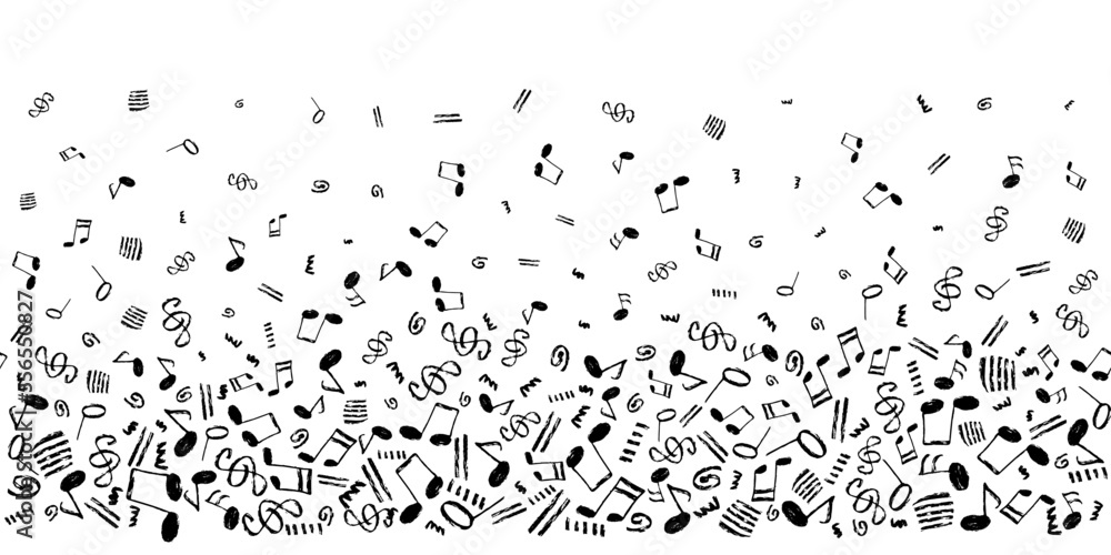 Obraz premium Musical notes vector seamless background. Horizontal template with one color black hand-drawn musical elements border pattern.