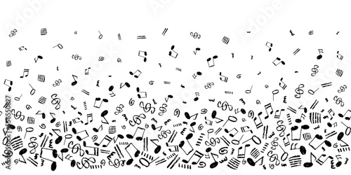Musical notes vector seamless background. Horizontal template with one color black hand-drawn musical elements border pattern.