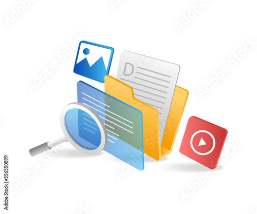 Flat isometric 3d illustration concept of searching stored data in folder with magnifying glass