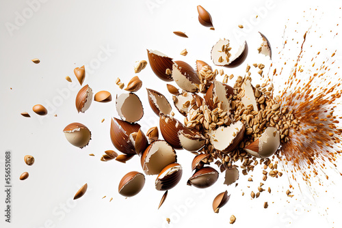 Close up of hazelnuts being shattered on a white background. Generative AI photo