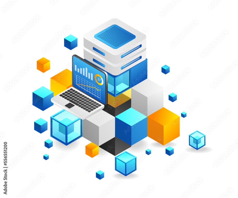 Flat isometric 3d illustration blockchain server anlis concept Flat isometric 3d illustration blockchain server anlis concept