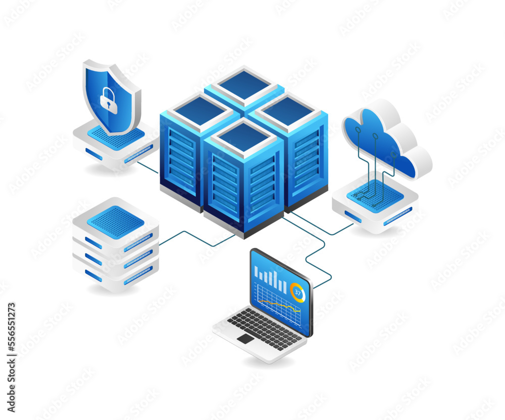 Flat isometric 3d illustration cloud server network security analysis concept Flat isometric 3d illustration cloud server network security analysis concept