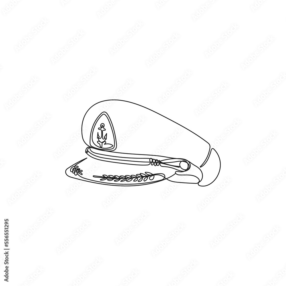 Fototapeta premium Captain's hat in one line drawing style. Sailor cap. Marine outfit. Hand drawn vector illustration.