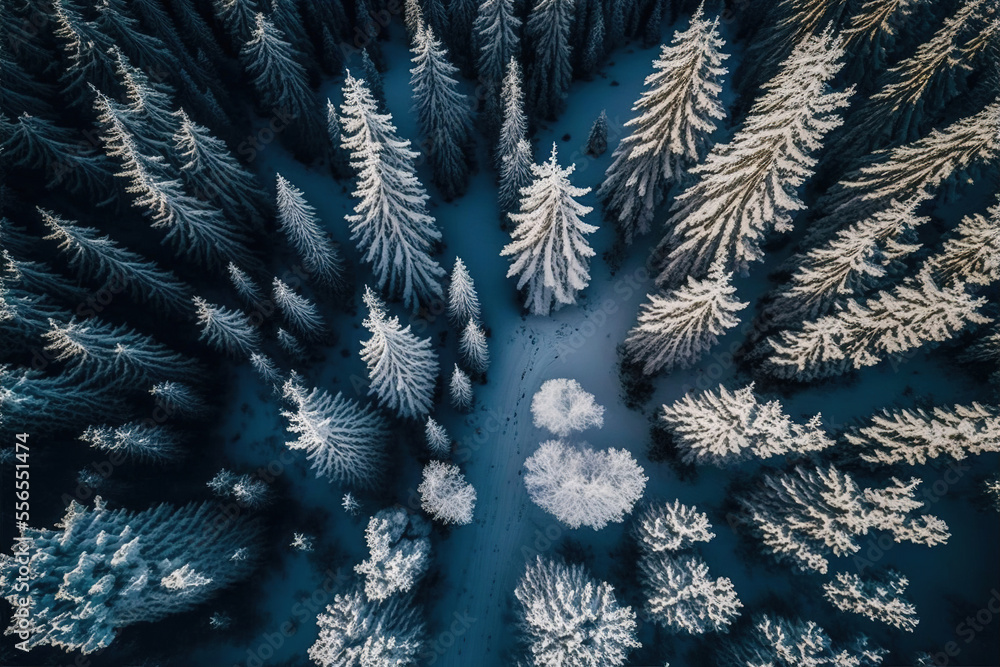 Aerial view of forest in snowy winter day. Generative AI.