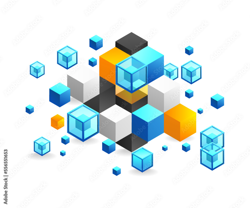 Flat isometric 3d illustration blockchain technology concept abstract background
