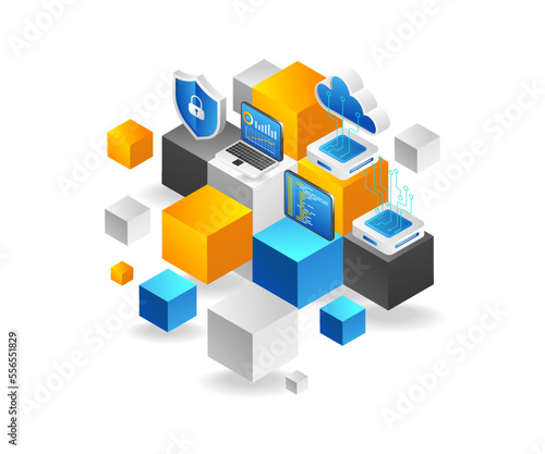 Flat isometric 3d illustration blockchain concept network security analysis server chip