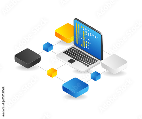 Flat isometric 3d illustration blockchain computer network program concept