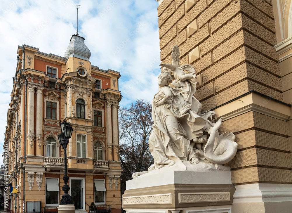 Odessa Opera and Ballet Theatre facade looks at Rishelievskaya ​​street. The entrance portal decorated by sculptures of greek mythology