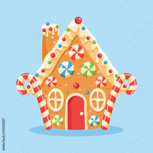 Gingerbread house shaped gingerbread cookies with decorations. Christmas sweets and treats. Vector illustration