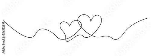 One Continuous line drawing of two hearts. Romantic symbols in simple linear style. Minimalist Doodle.isolated on white background. Vector illustration