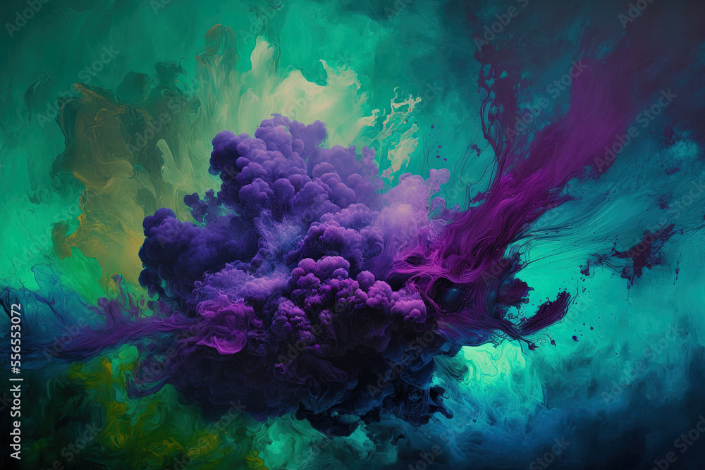 undersea explosion on a green purple smoke abstract background painted with acrylic paint. Generative AI