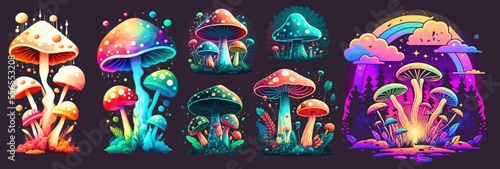 Fototapeta Funny psychedelic mushrooms colorful 70s retro style