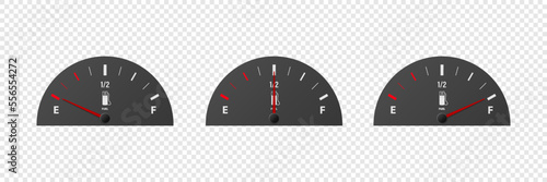 Vector 3d Realistic Gas Fuel Tank Gauge, Oil Level Bar Set Isolated. Full and Empty. Display Board, Fuel Gauge Panel, Car Dashboard Details. Fuel Indicator, Gas Meter, Sensor. Design Template