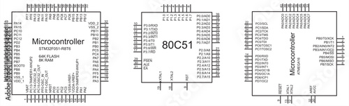 Conditional graphic designations of microcontroller chips. Vector icons of electronic components of an electrical circuit.