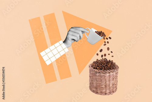 Creative photo 3d collage artwork poster picture of human arm hold coffee beans preparing tasty drink isolated on painting background