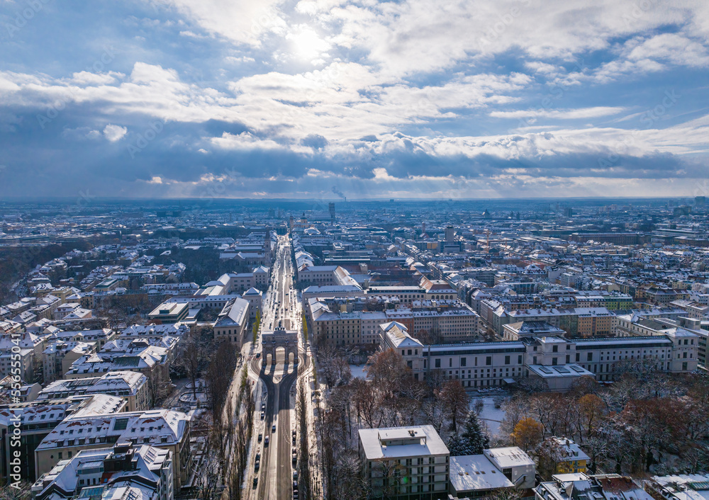 Aerial view of a wintry Munich cityscape