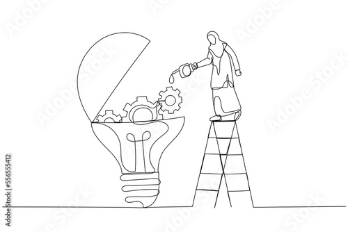 Illustration of arab muslim businesswoman drop lubricant or grease into mechanical gears lightbulb  concept of creativity. One line style art