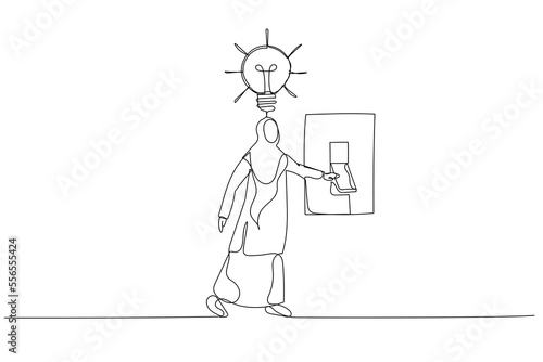 Cartoon of arab muslim businesswoman switching on the switch to turn on lightbulb lamp over his head concept of inspiration. Single line art style