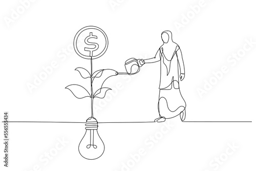 Drawing of arab muslim businesswoman watering on growing money coin seedling plant from lightbulb idea metaphor of monetize idea. Single line art style