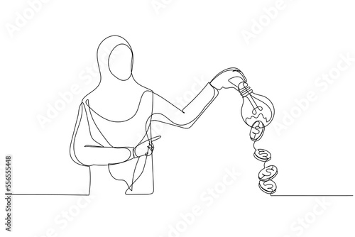 Drawing of arab muslim businesswoman hand shaking the lightbulb idea to earn money. Single continuous line art style