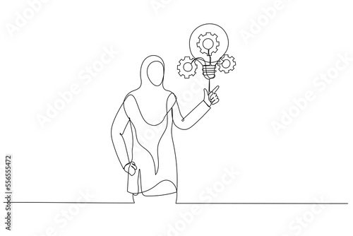 Illustration of arab muslim businesswoman presenting innovative lightbulb with cogs and gears concept of Innovation. Single continuous line art style