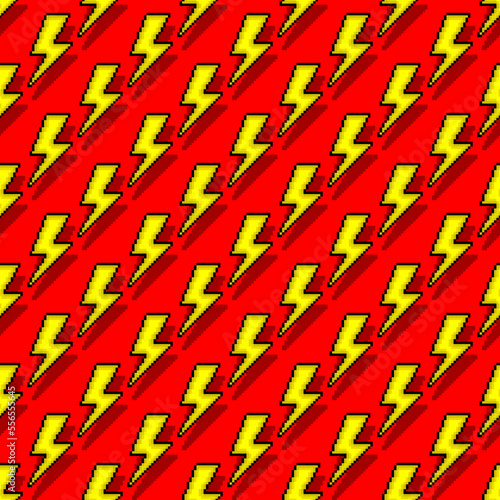 Small yellow pixel lightning bolts isolated on red background. Cute seamless pattern. Vector simple flat graphic illustration. Isolated object on a white background. Isolate.