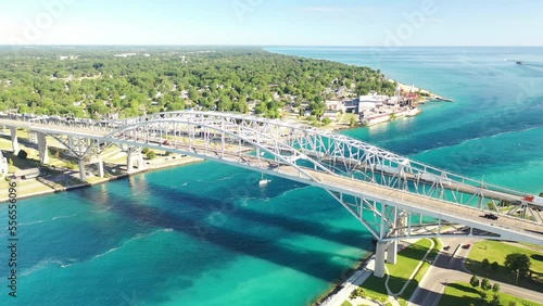 Aerial zoom to the Blue Water Bridge bordering Sarnia and Port Huron 4K
