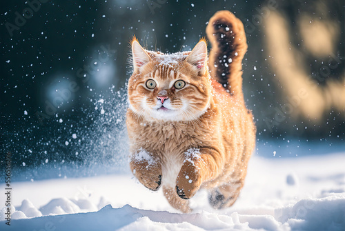 Cat running through the snow. Generative AI