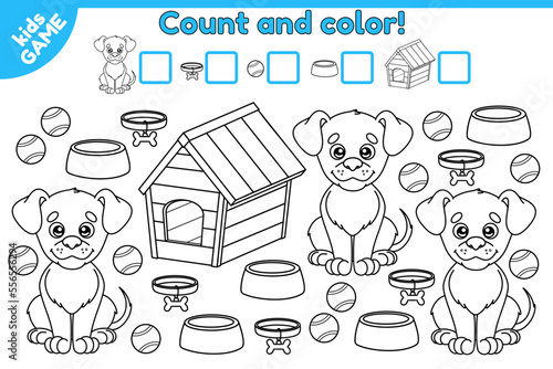 Educational counting math game for kids. Calculate how many dogs and dog accessories. Coloring page with cartoon puppy, balls, collars, bowls and kennel. Activity for children. Vector illustration.