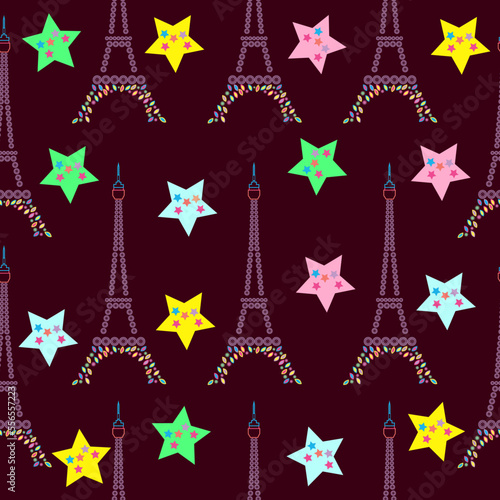 Eiffel tower and multicolor geometric stars seamless pattern. Eiffel tower inspired floral stars and building seamless vector pattern.