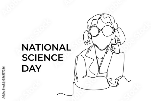Continuous one line drawing little student girl with lab costume pointing finger up. Science day concept. Single line draw design vector graphic illustration. 
